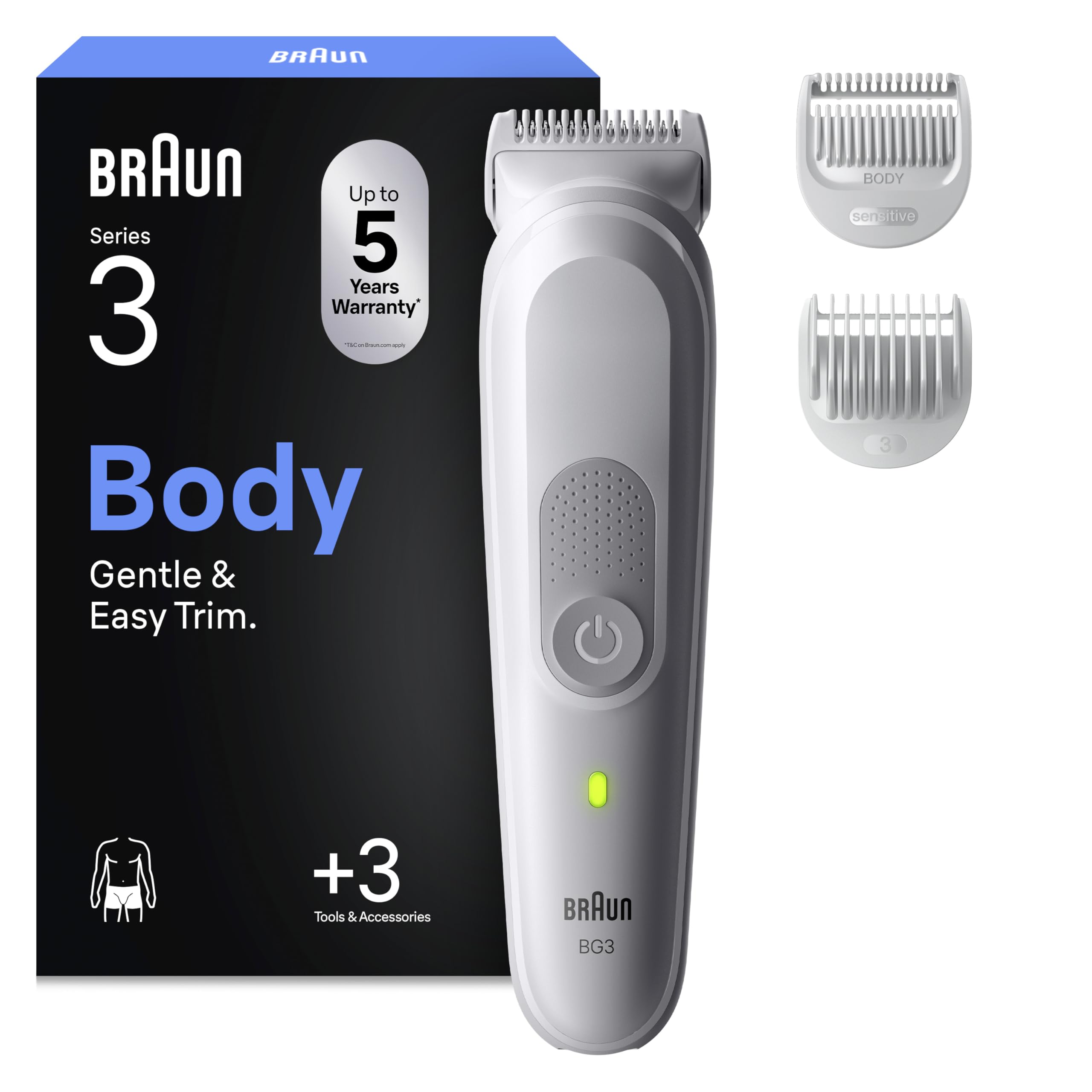 Bodygroomer Series 3, Elektrischer Körperrasierer Herren mit 3 Zubehörteile, BG3530, Grau by Barttio