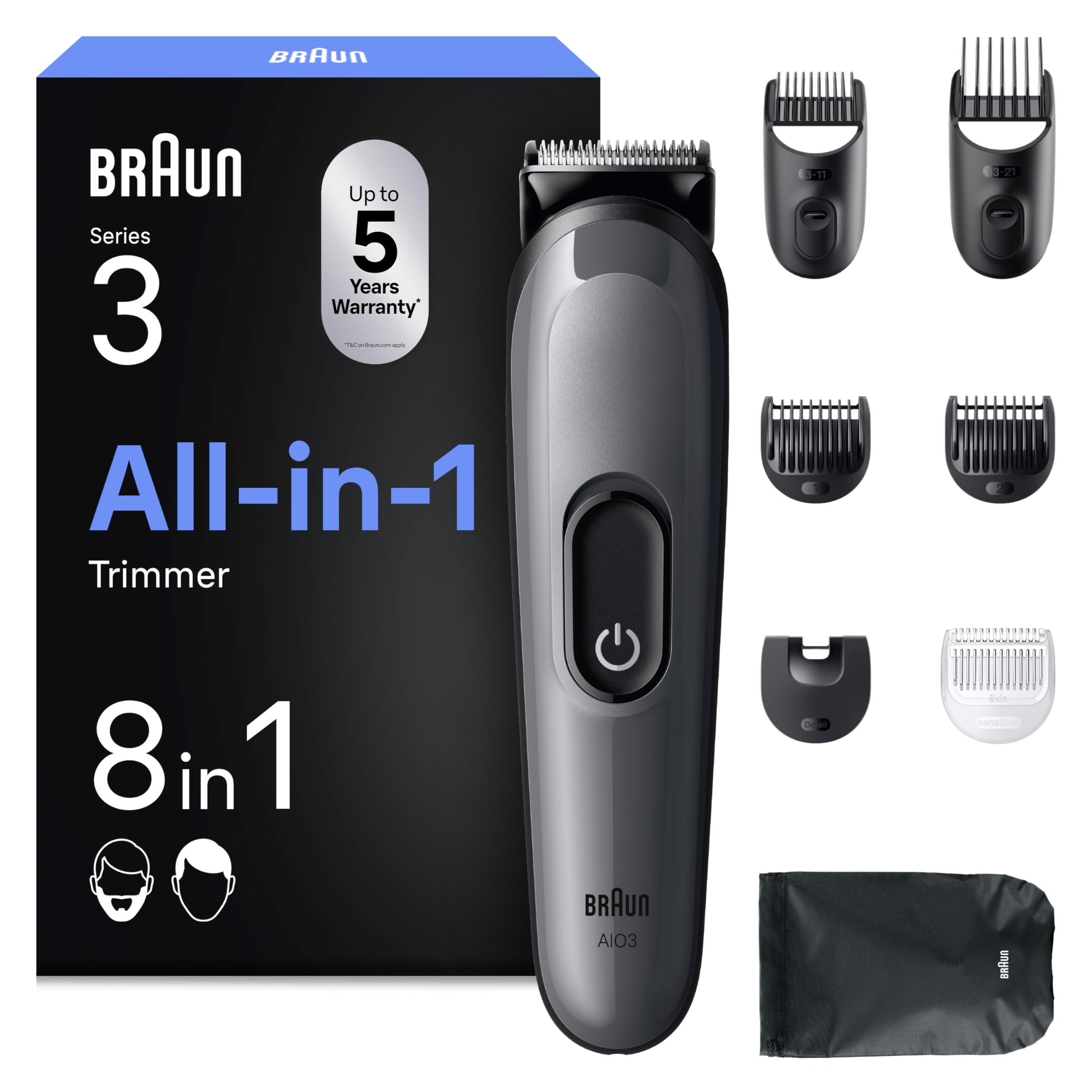 All-in-One Trimmer-Set 3, 8-in-1 Multigroom, Barttrimmer, AIO3540, Grau by Barttio